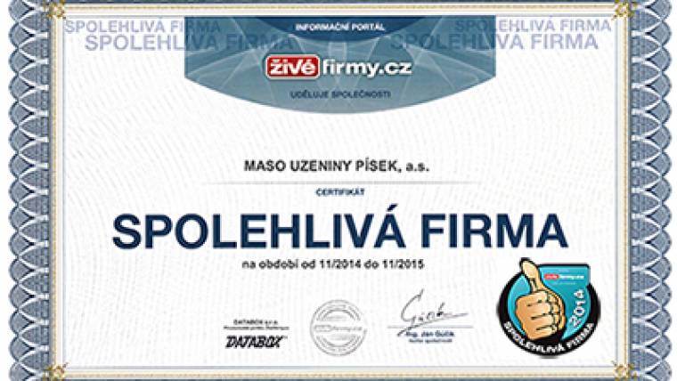 Ocenění SPOLEHLIVÁ FIRMA 2014